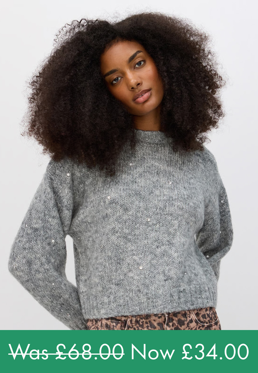 Grey Marl Studded Crew Neck Knitted Jumper